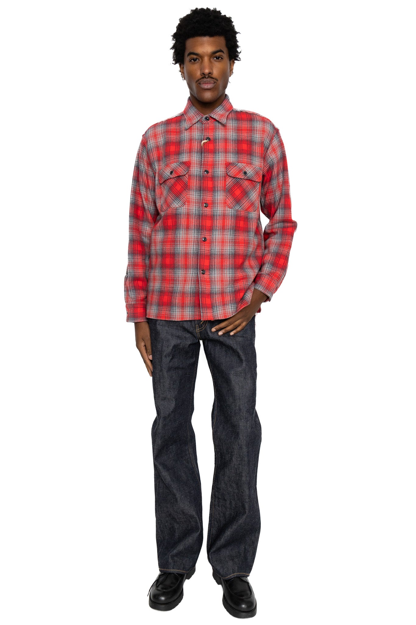 Fiction Romance Herringbone Twill Check L/S Work Shirt - Red