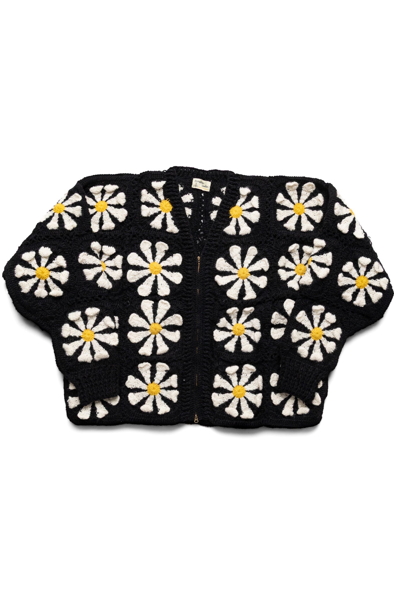 V-Neck Zip Cardigan "Square Flower" - Black