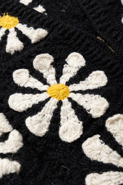 V-Neck Zip Cardigan "Square Flower" - Black