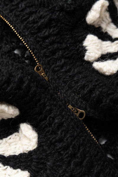 V-Neck Zip Cardigan "Square Flower" - Black