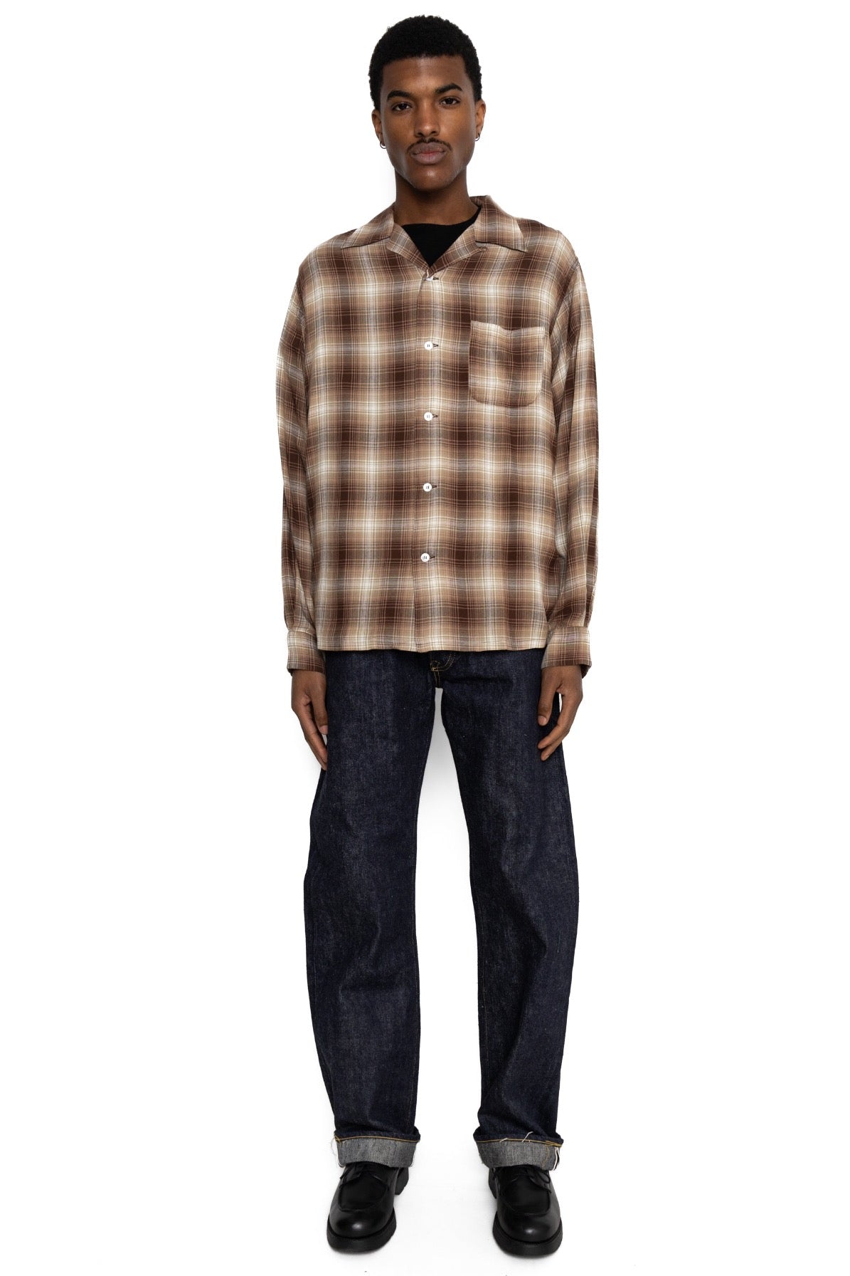 Rayon Ombre Check L/S Open Shirt - Brown