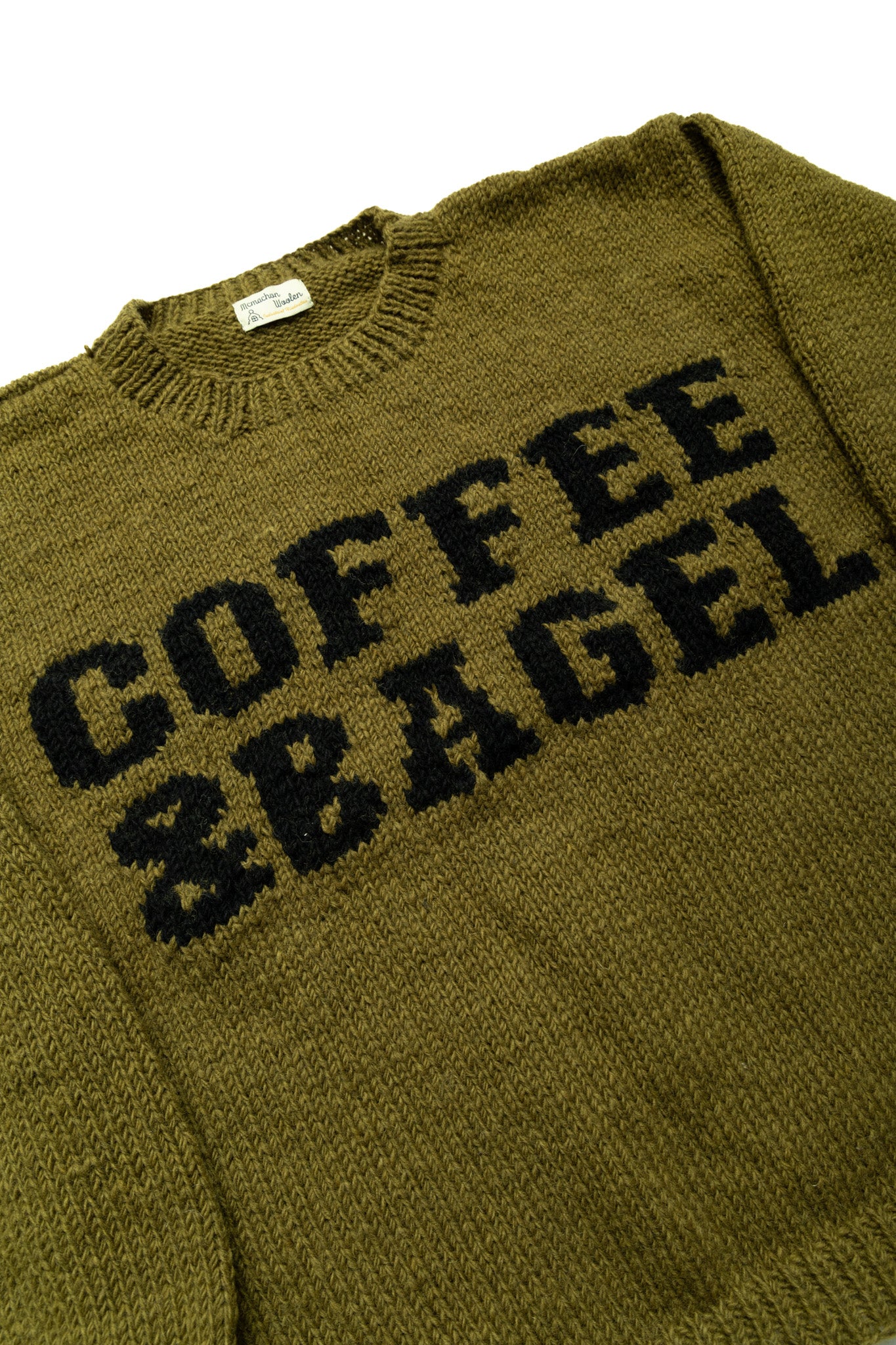 Handmade "Coffee & Bagel" Crewneck Knit - Olive