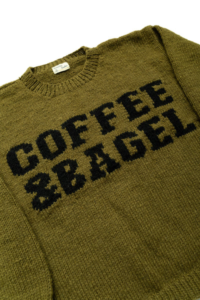 Handmade "Coffee & Bagel" Crewneck Knit - Olive