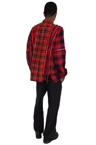 [Rebuild by Needles] Flannel Shirt -> 7 Cuts Zipped Wide Shirt Over Dye - Red