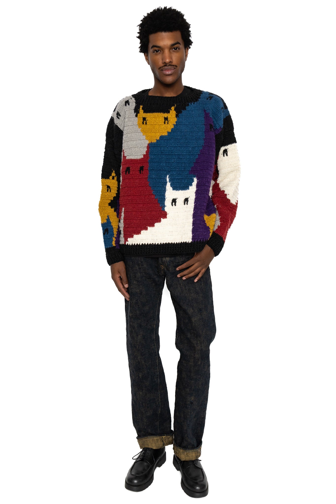 Crew Neck Knit "Cat Gathering" - Black
