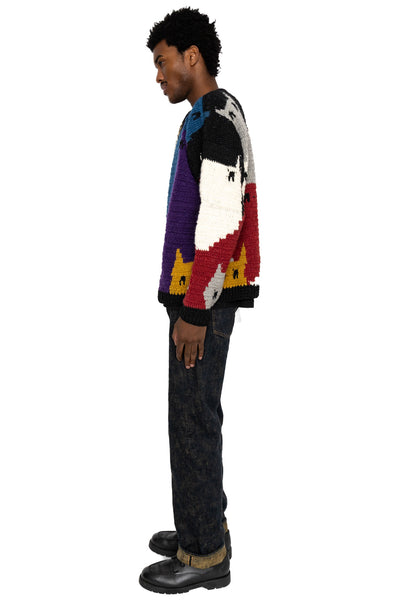 Crew Neck Knit "Cat Gathering" - Black