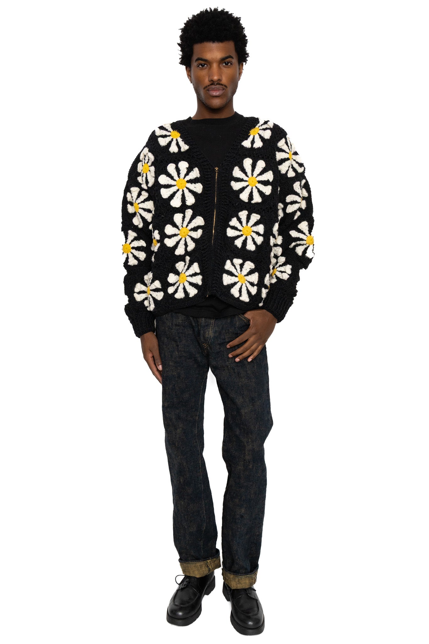 V-Neck Zip Cardigan "Square Flower" - Black