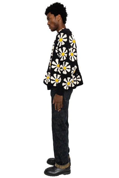 V-Neck Zip Cardigan "Square Flower" - Black