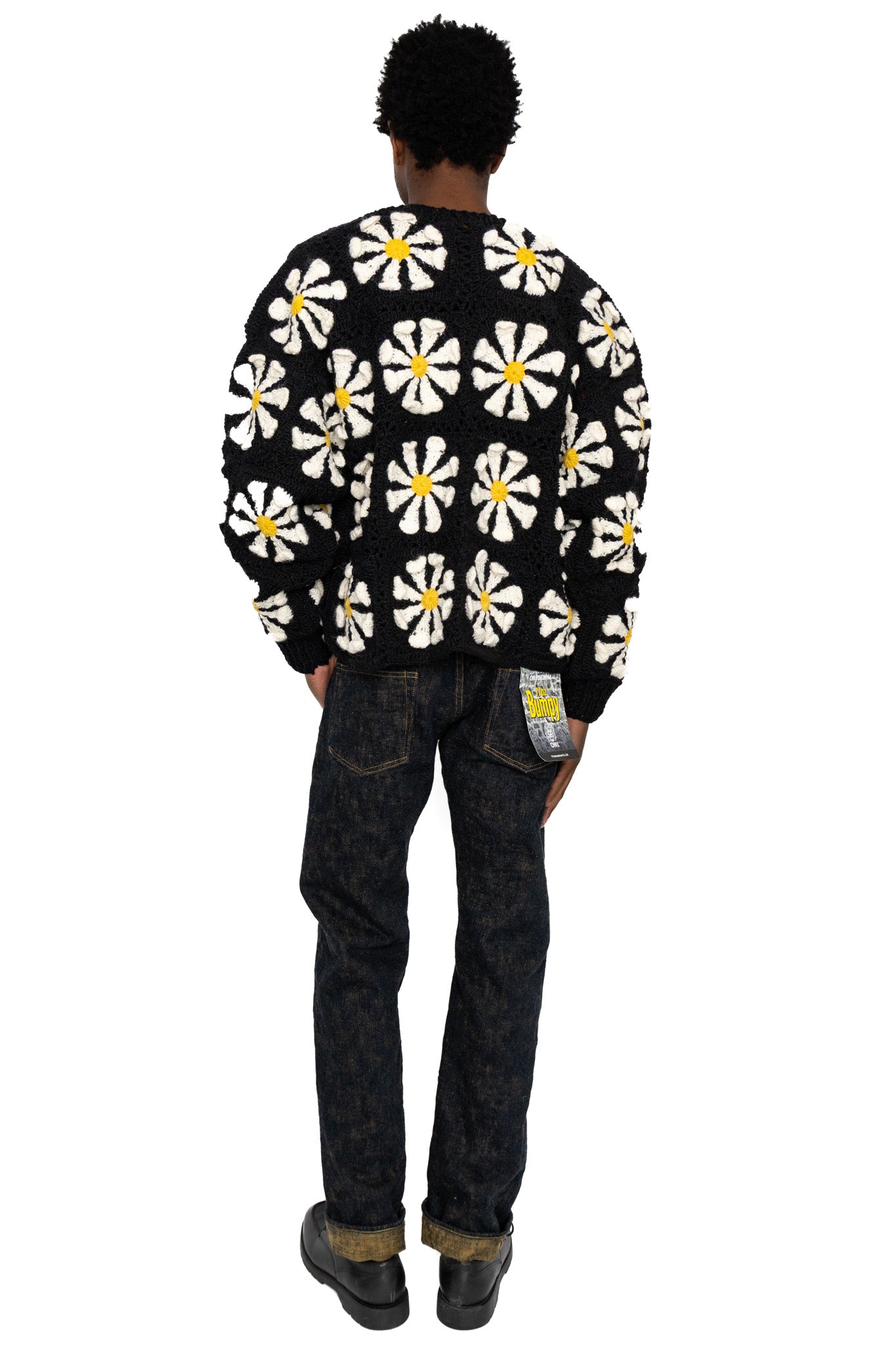 V-Neck Zip Cardigan "Square Flower" - Black