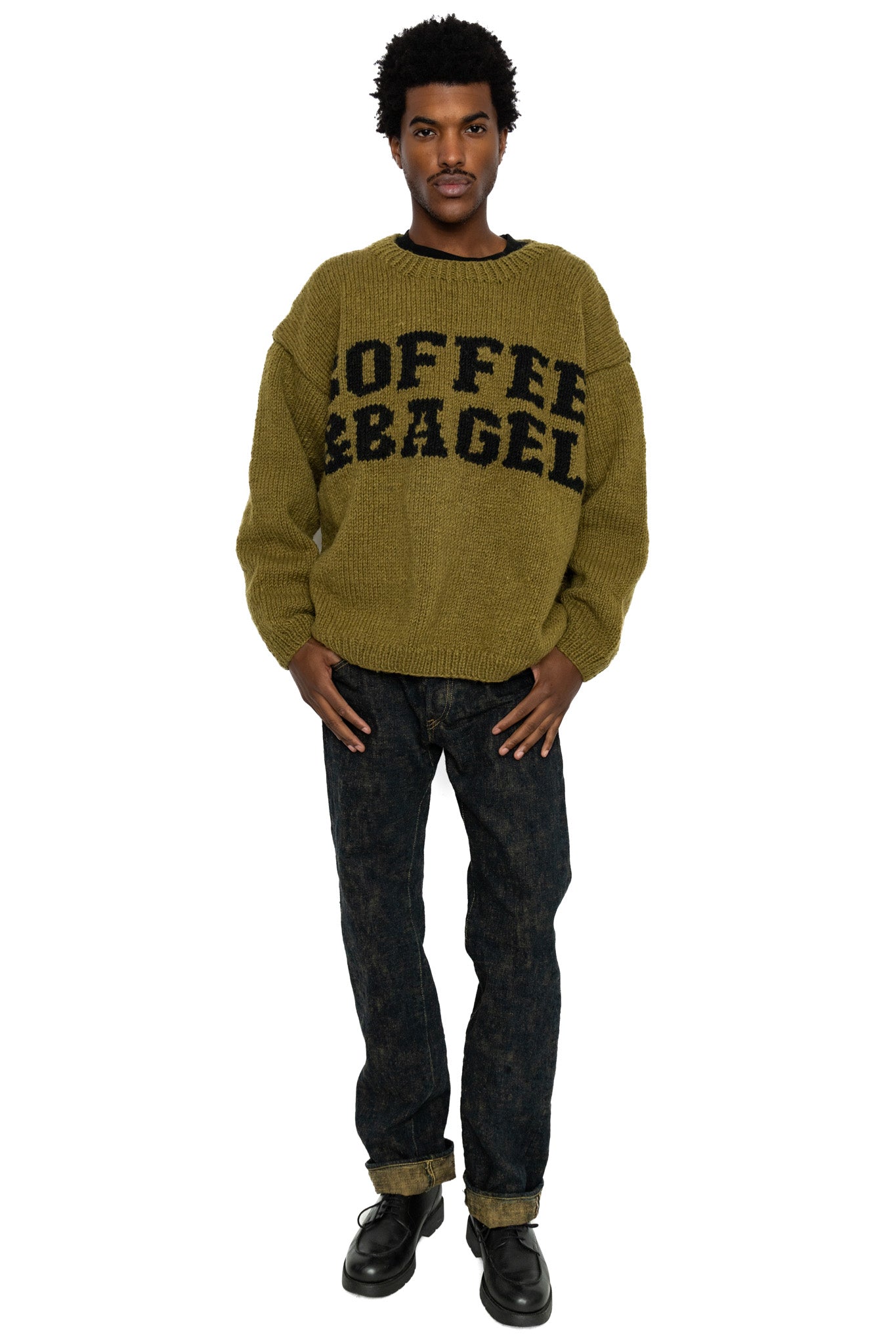 Handmade "Coffee & Bagel" Crewneck Knit - Olive