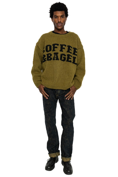 Handmade "Coffee & Bagel" Crewneck Knit - Olive