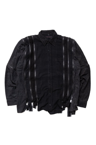 [Rebuild by Needles] Flannel Shirt -> 7 Cuts Zipped Wide Shirt Over Dye - Black