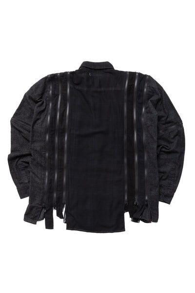 [Rebuild by Needles] Flannel Shirt -> 7 Cuts Zipped Wide Shirt Over Dye - Black