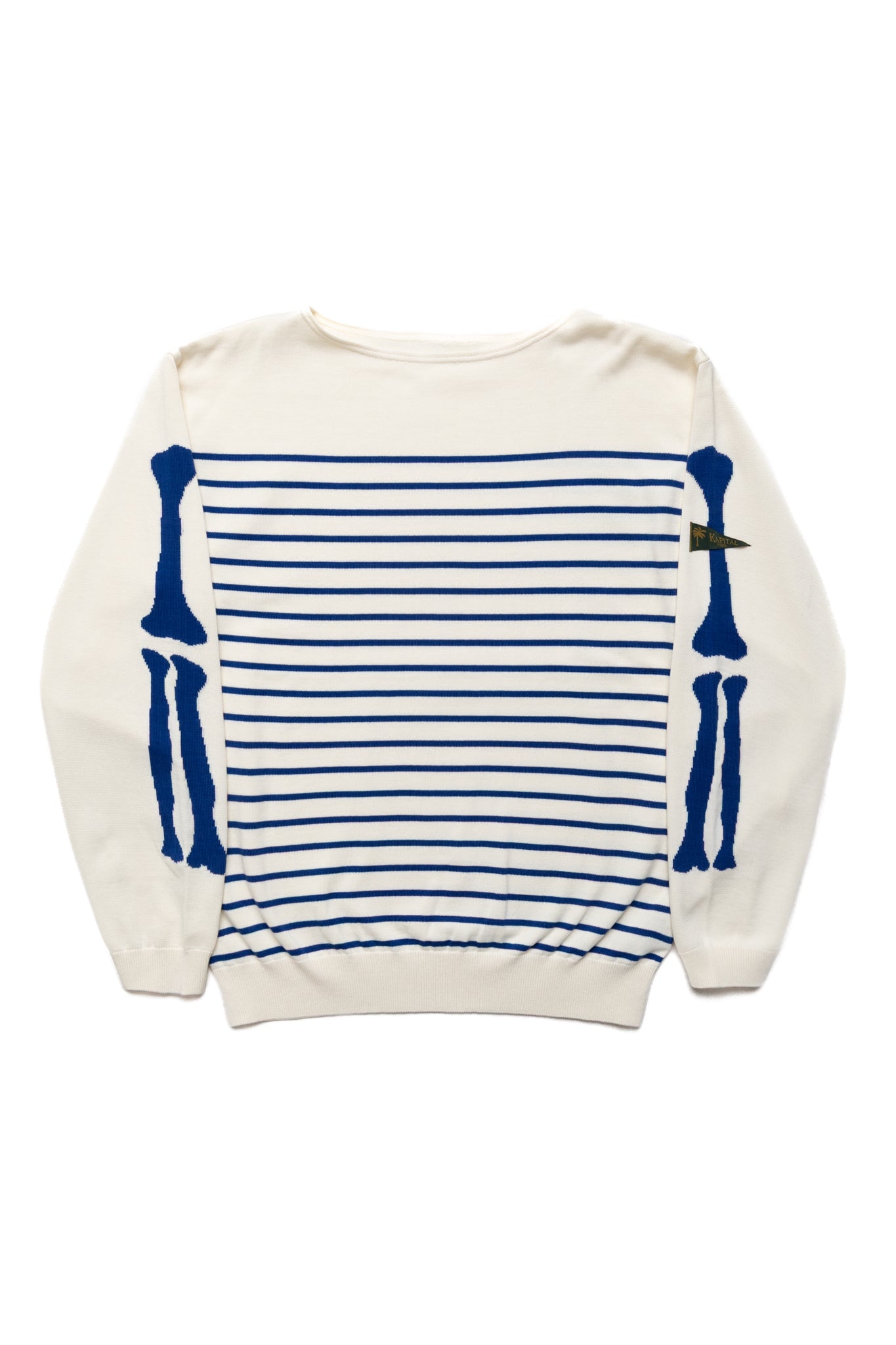 12G Panel Stripe Knit Boat Neck Sweater (BONE Sleeve) - Ecru x Blue