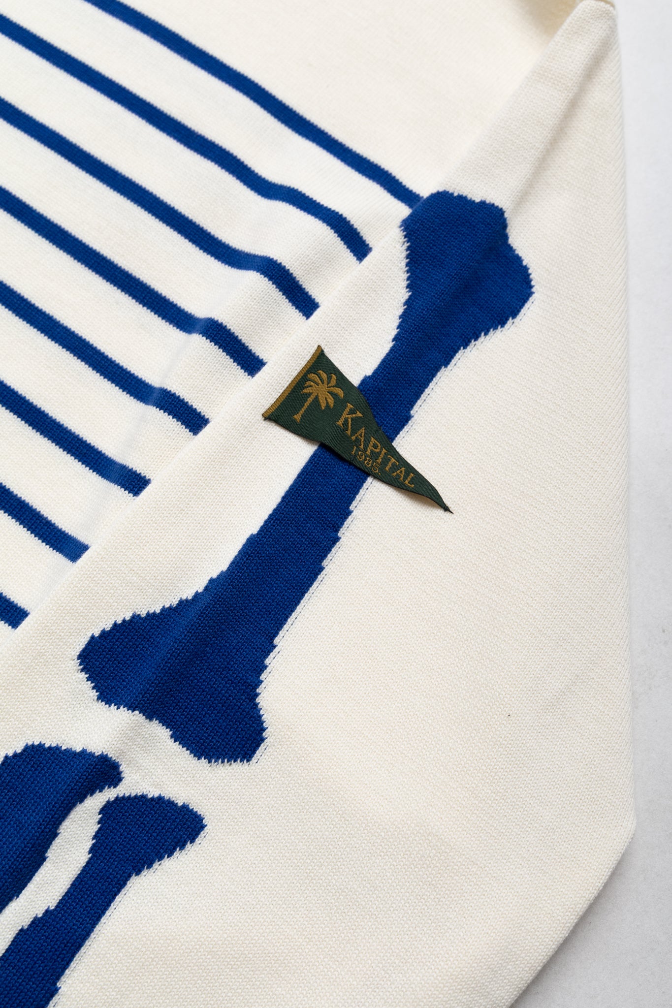 12G Panel Stripe Knit Boat Neck Sweater (BONE Sleeve) - Ecru x Blue