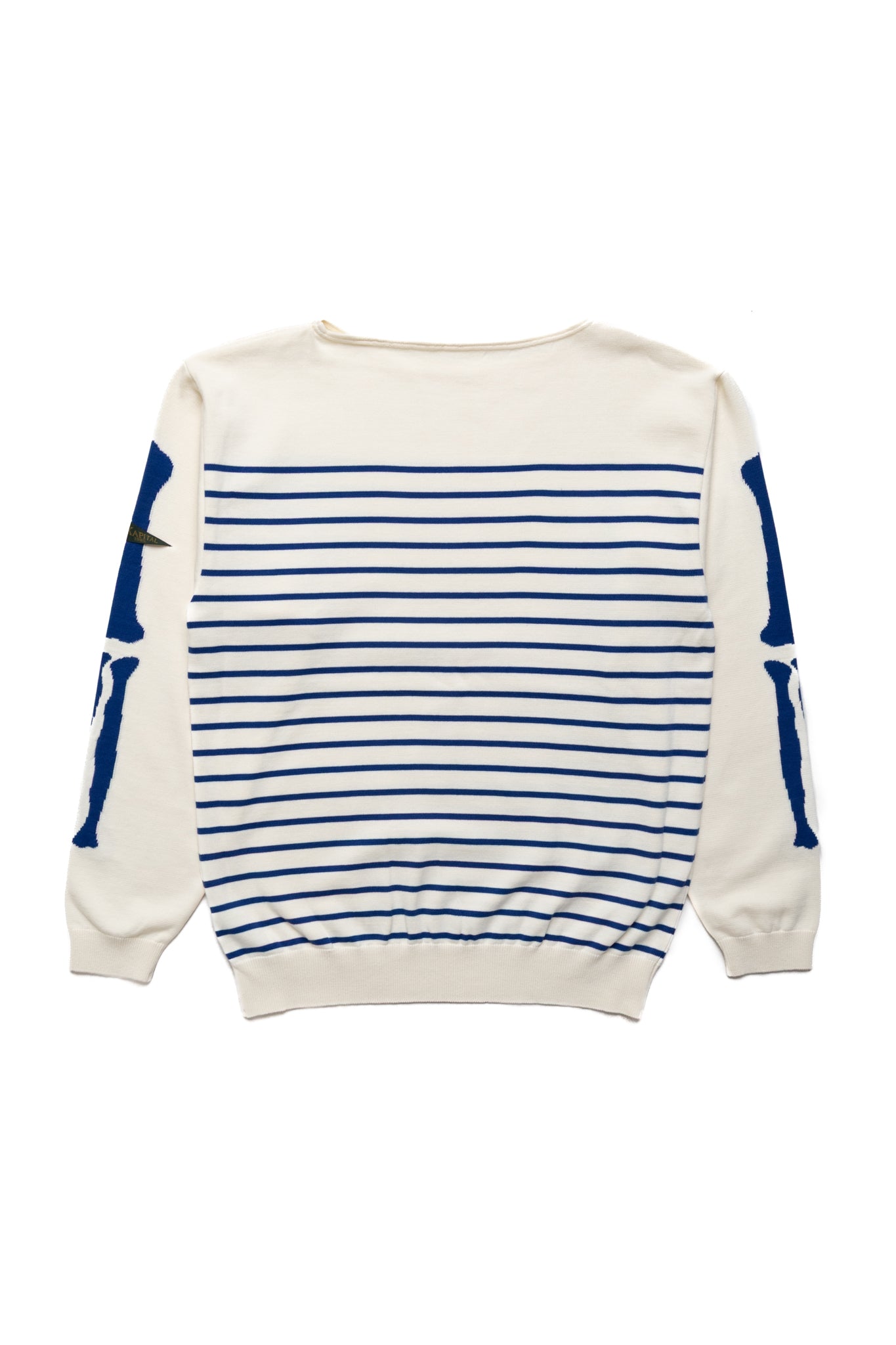 12G Panel Stripe Knit Boat Neck Sweater (BONE Sleeve) - Ecru x Blue