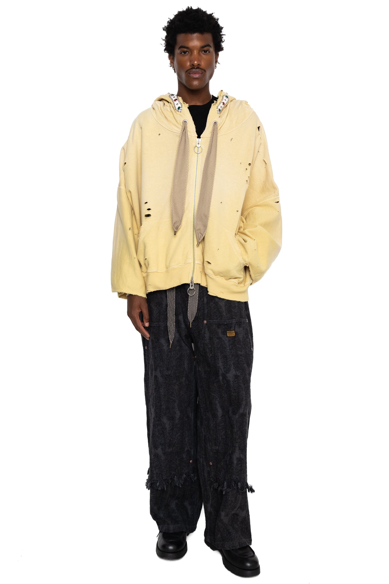 SWT Knit THRILLER Damaged DEVIL Hoodie Blouson (STUDS Remake) - Light Yellow