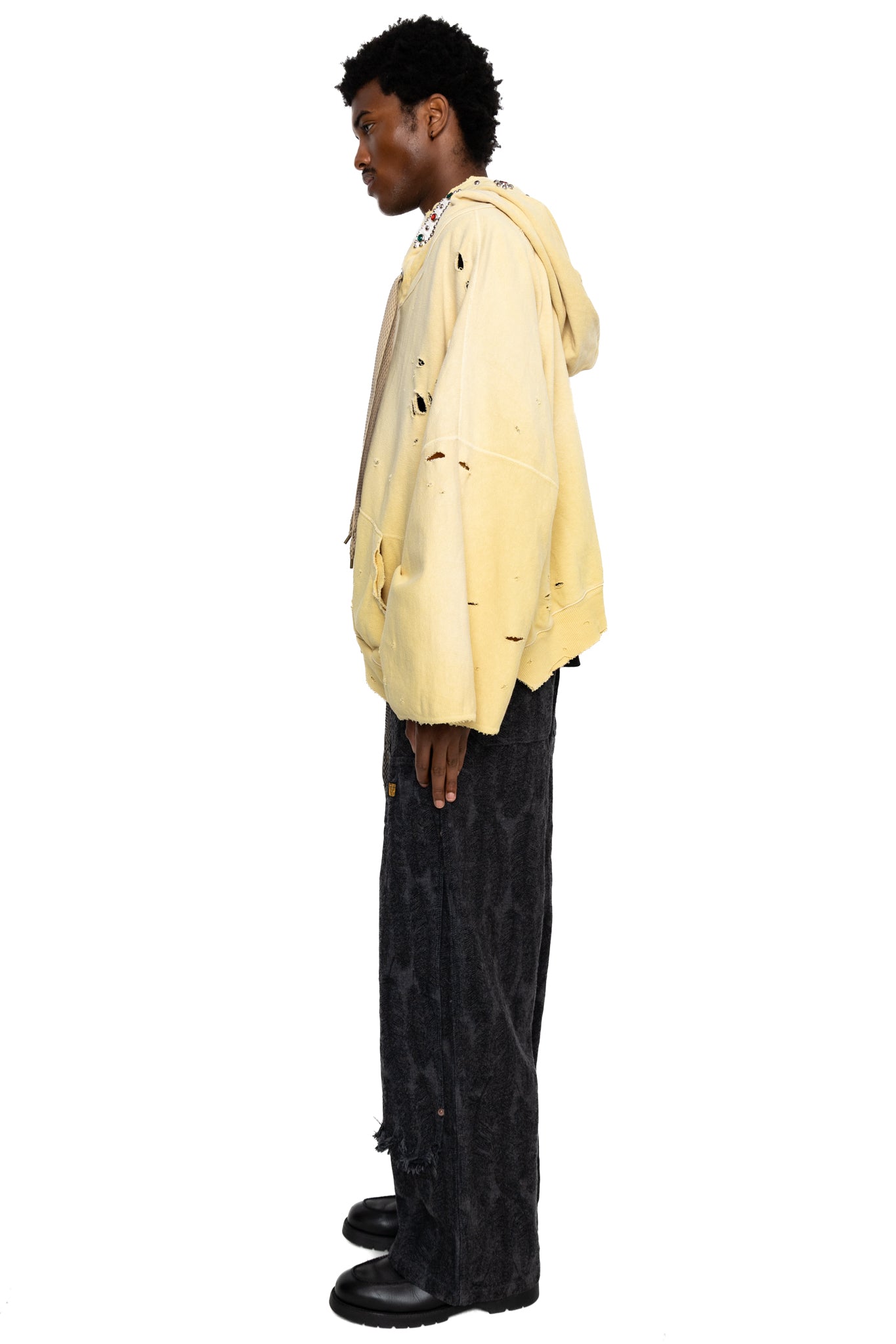 SWT Knit THRILLER Damaged DEVIL Hoodie Blouson (STUDS Remake) - Light Yellow