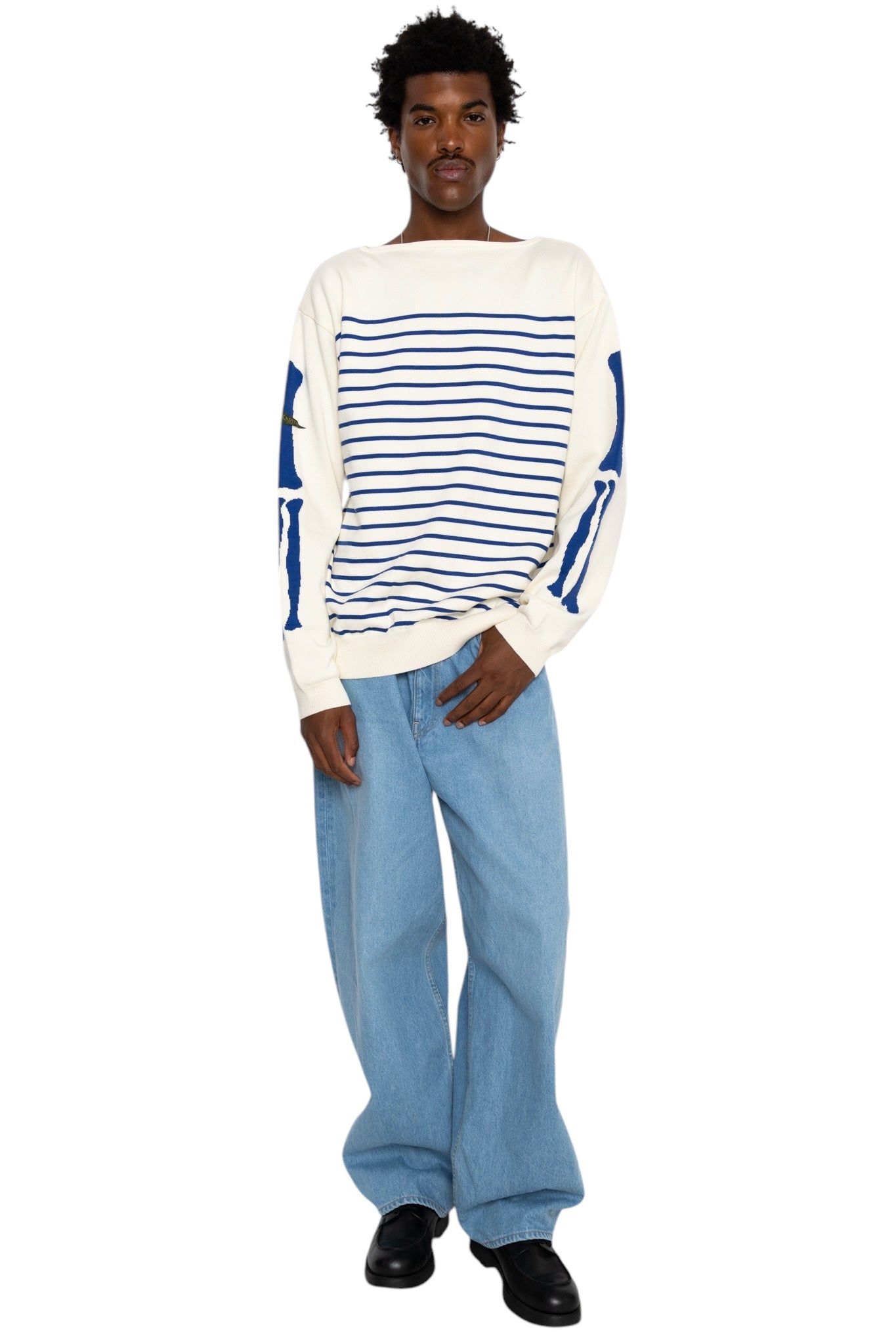 12G Panel Stripe Knit Boat Neck Sweater (BONE Sleeve) - Ecru x Blue