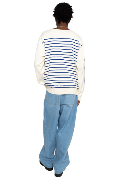 12G Panel Stripe Knit Boat Neck Sweater (BONE Sleeve) - Ecru x Blue