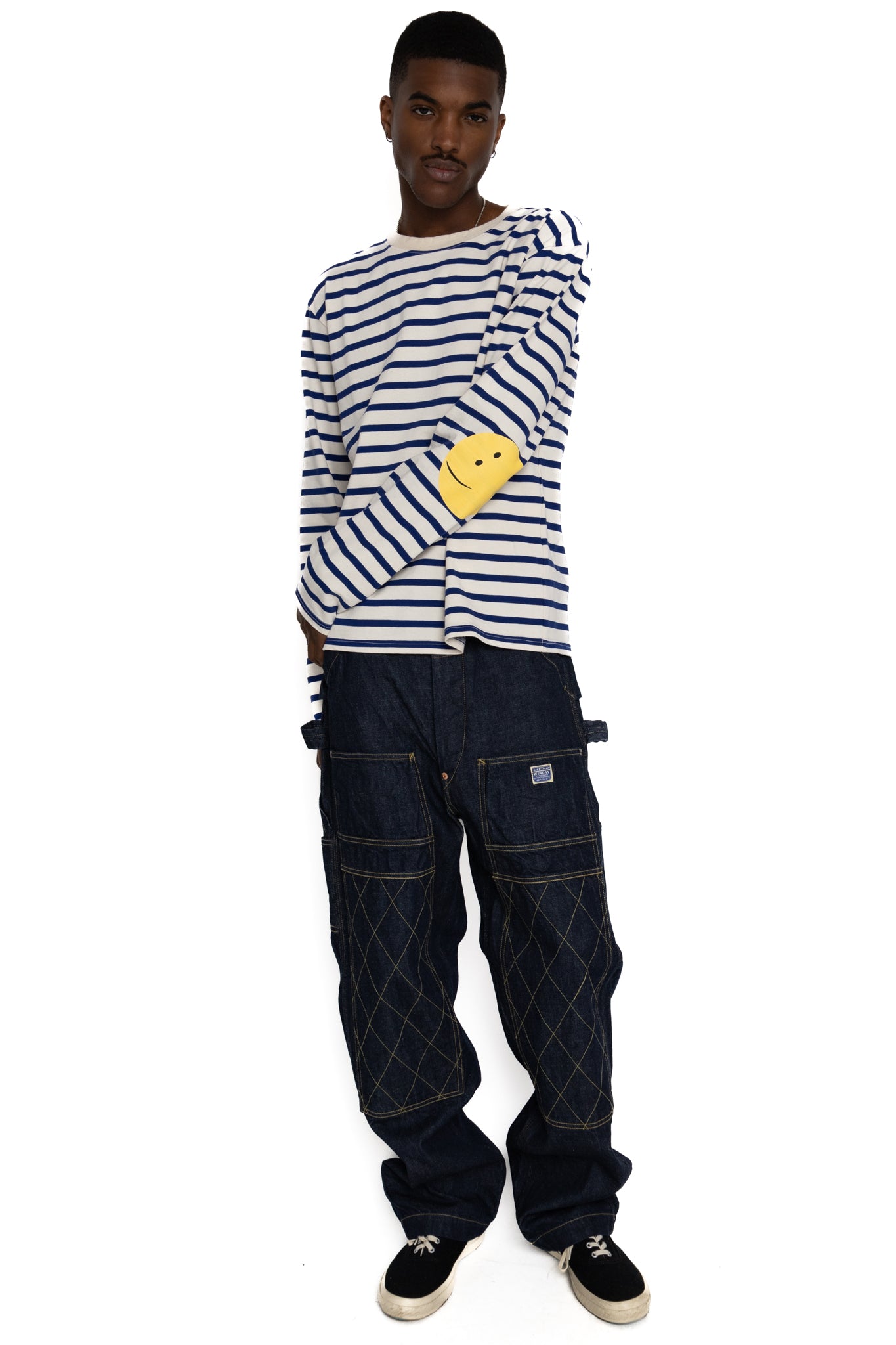 Stripe Jersey Crew Long Sleeve T (RAINBOWY Patch) - Ecru x Blue