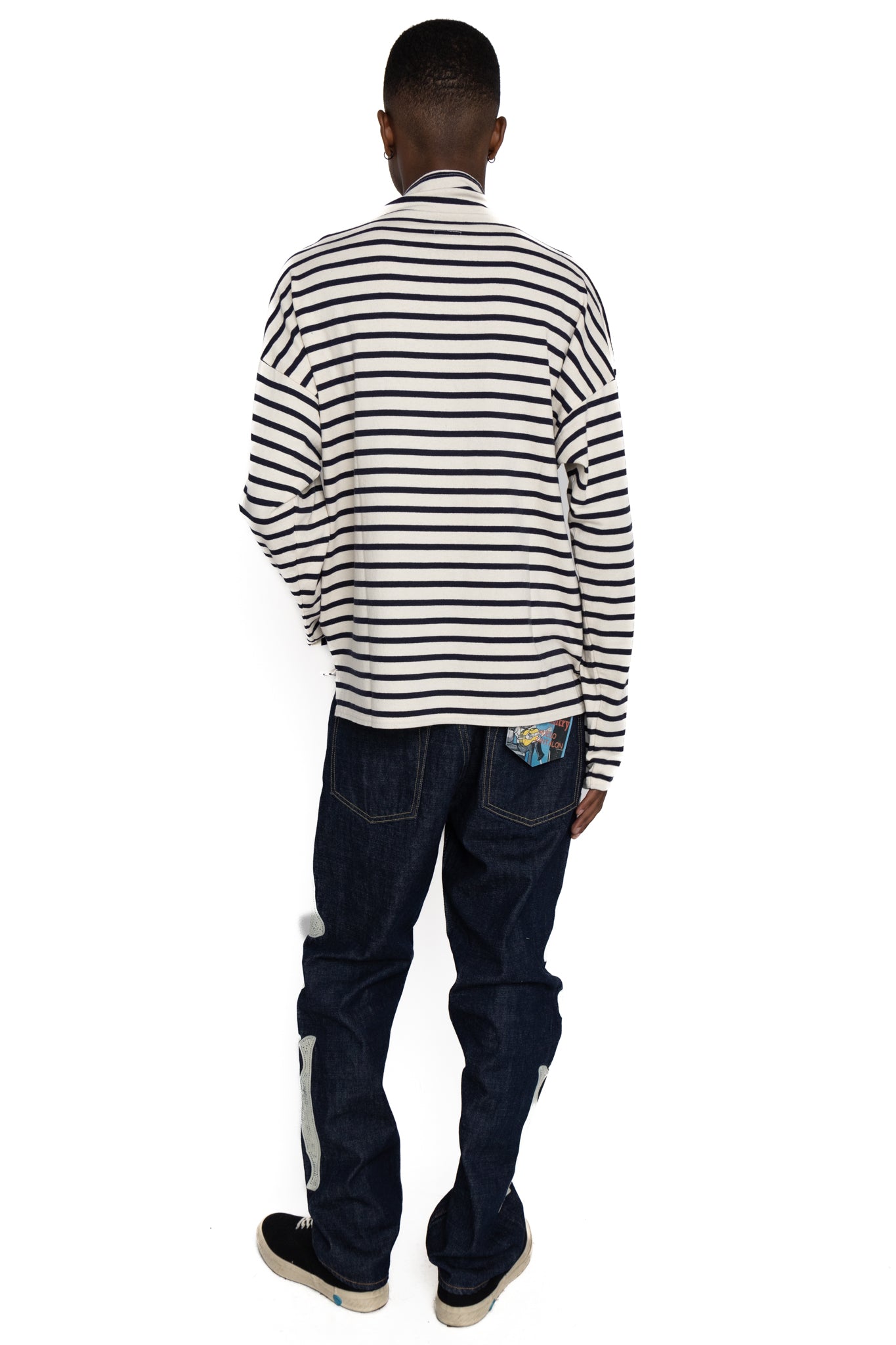 Stripe Jersey Knit GANDHI Long Sleeve T - Ecru x Navy