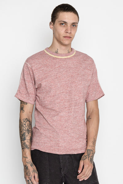From Loop & Weft is an uneven heather slub knit. Vintage Inspired Double binder neck Set-in on the front and raglan sleeve on the back. Cotton thread stitching. Color: Red Cherry. One wash. Unisex regular fit. 100% cotton. Made in Japan