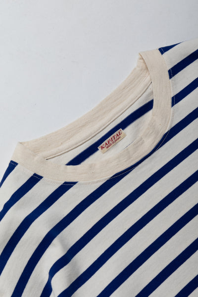 Stripe Jersey Crew Long Sleeve T (RAINBOWY Patch) - Ecru x Blue