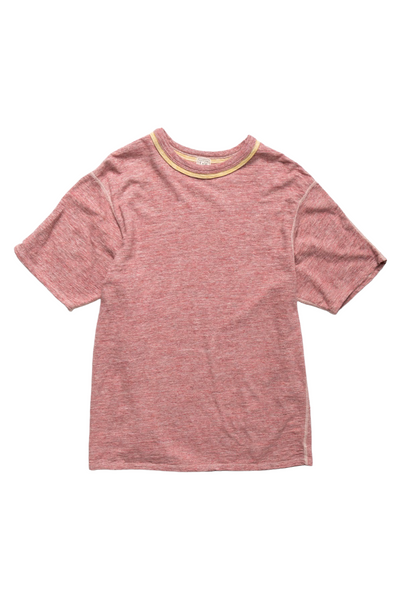 From Loop & Weft is an uneven heather slub knit. Vintage Inspired Double binder neck Set-in on the front and raglan sleeve on the back. Cotton thread stitching. Color: Red Cherry. One wash. Unisex regular fit. 100% cotton. Made in Japan