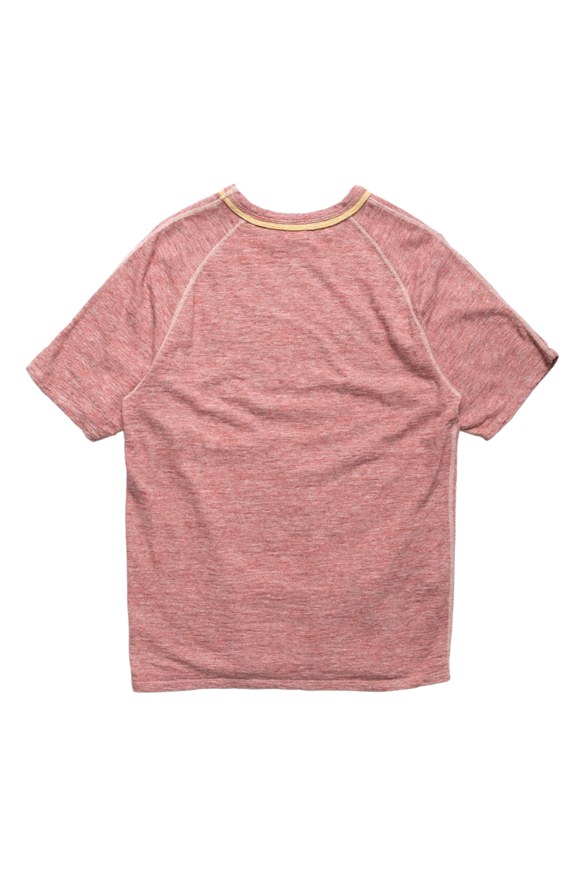 From Loop & Weft is an uneven heather slub knit. Vintage Inspired Double binder neck Set-in on the front and raglan sleeve on the back. Cotton thread stitching. Color: Red Cherry. One wash. Unisex regular fit. 100% cotton. Made in Japan