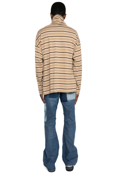 SUNRISE Jacquard Stripe Jersey Baggy High Neck Long Sleeve T - Beige x Khaki