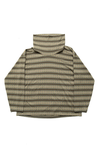 SUNRISE Jacquard Stripe Jersey Baggy High Neck Long Sleeve T - Grey x Khaki