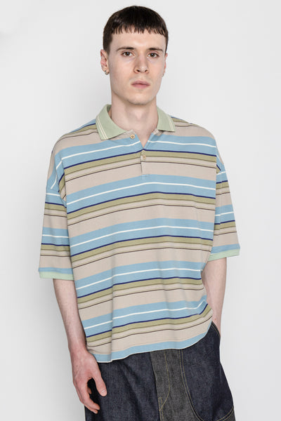 Multi Stripe Pique BOX Polo - Beige x Blue