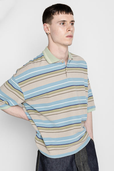 Multi Stripe Pique BOX Polo - Beige x Blue