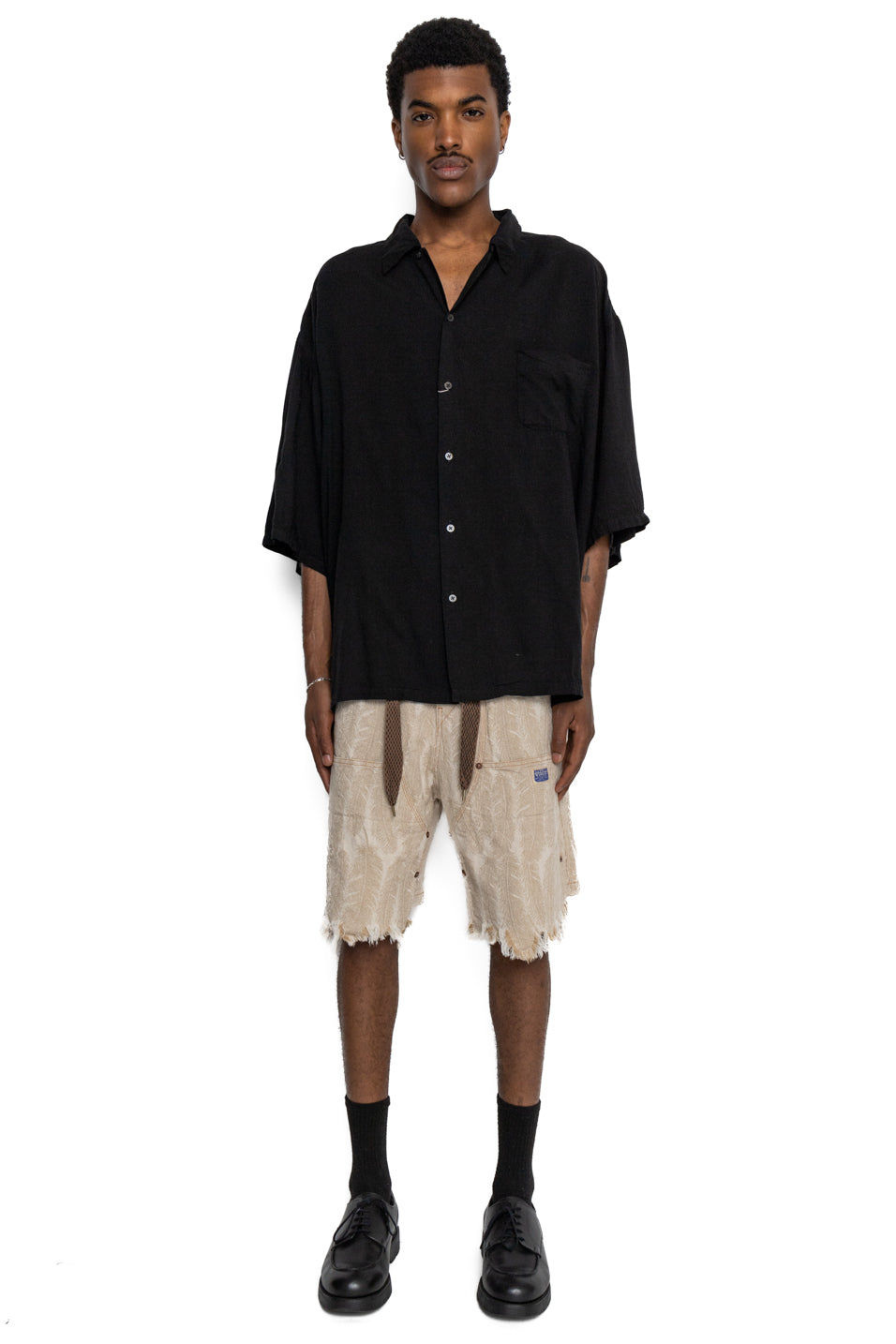 Soft Linen Open Collar BIG Shirt - Black