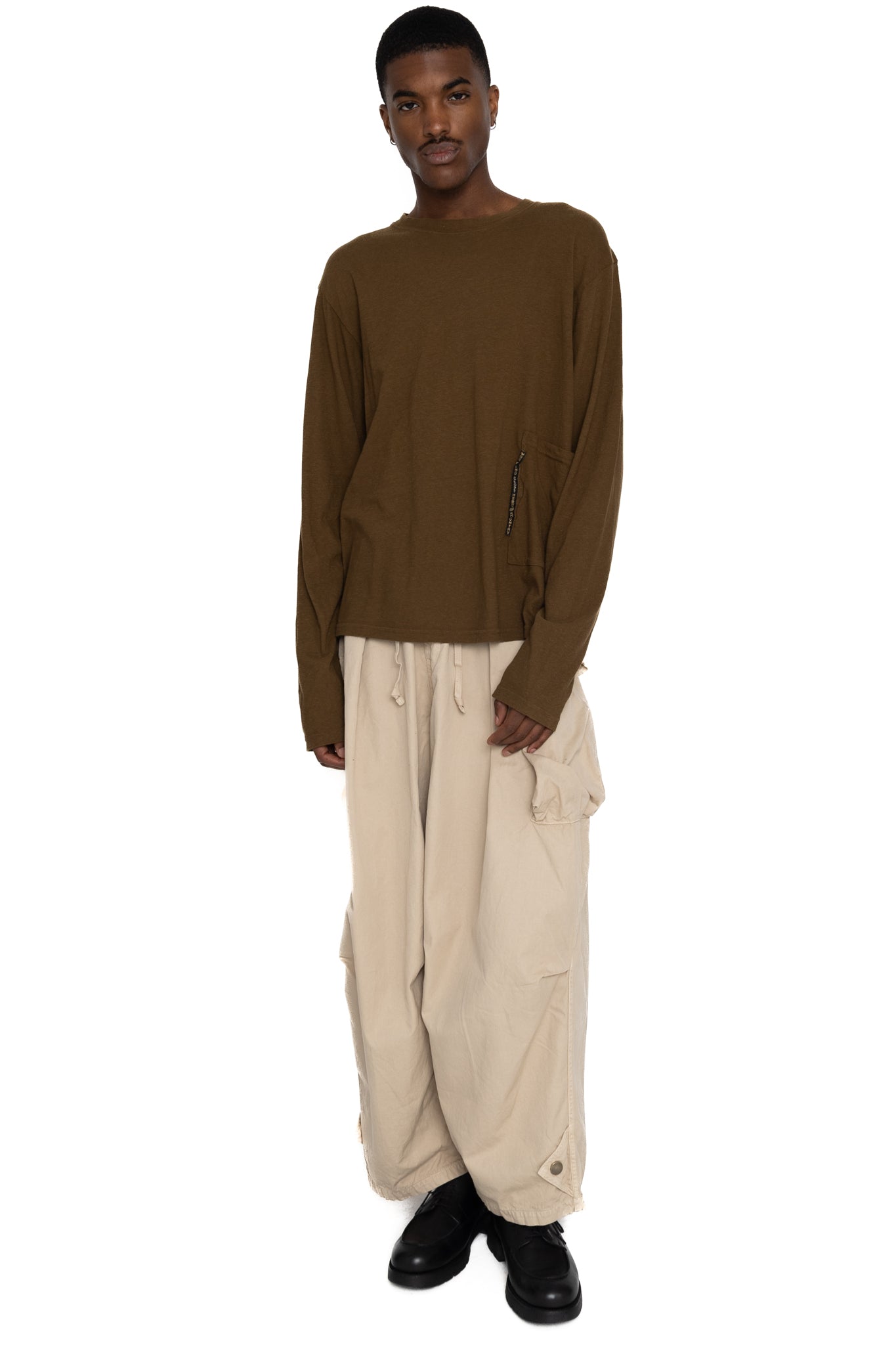 Gauze Jersey BISCUIT Pocket Long Sleeve T - Brown Khaki