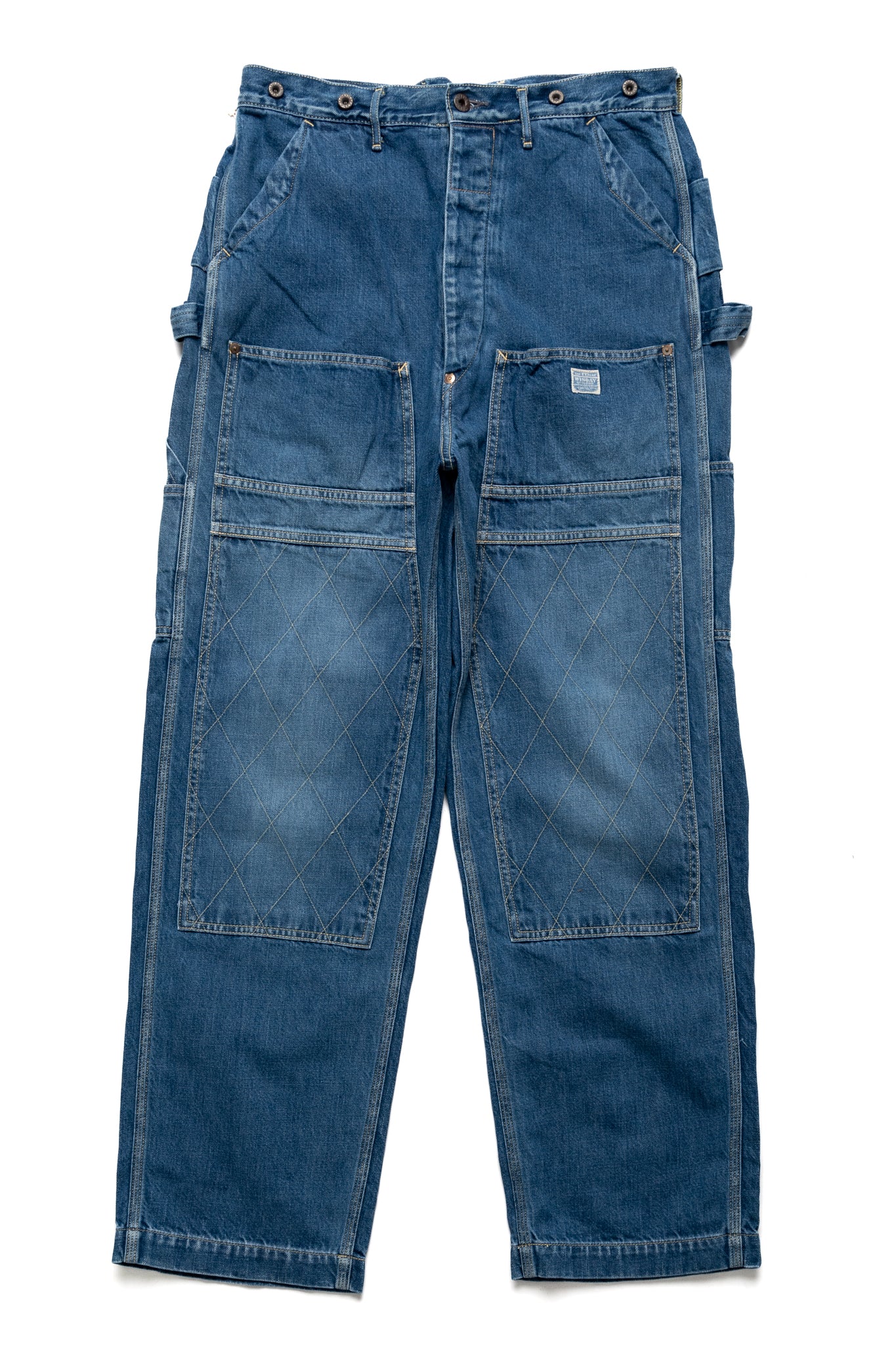 Kapital loose fitting pants inspired by overalls. A number of pockets are in various places, replicating cargos and overalls. Intentional distressing. Color:Faded indigo. 100% Cotton Made in Japan 