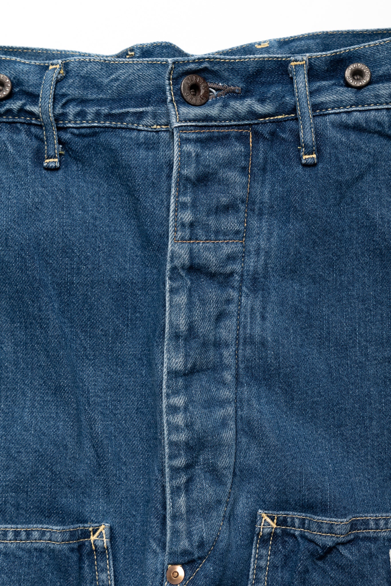 Kapital loose fitting pants inspired by overalls. A number of pockets are in various places, replicating cargos and overalls. Intentional distressing. Color:Faded indigo. 100% Cotton Made in Japan 