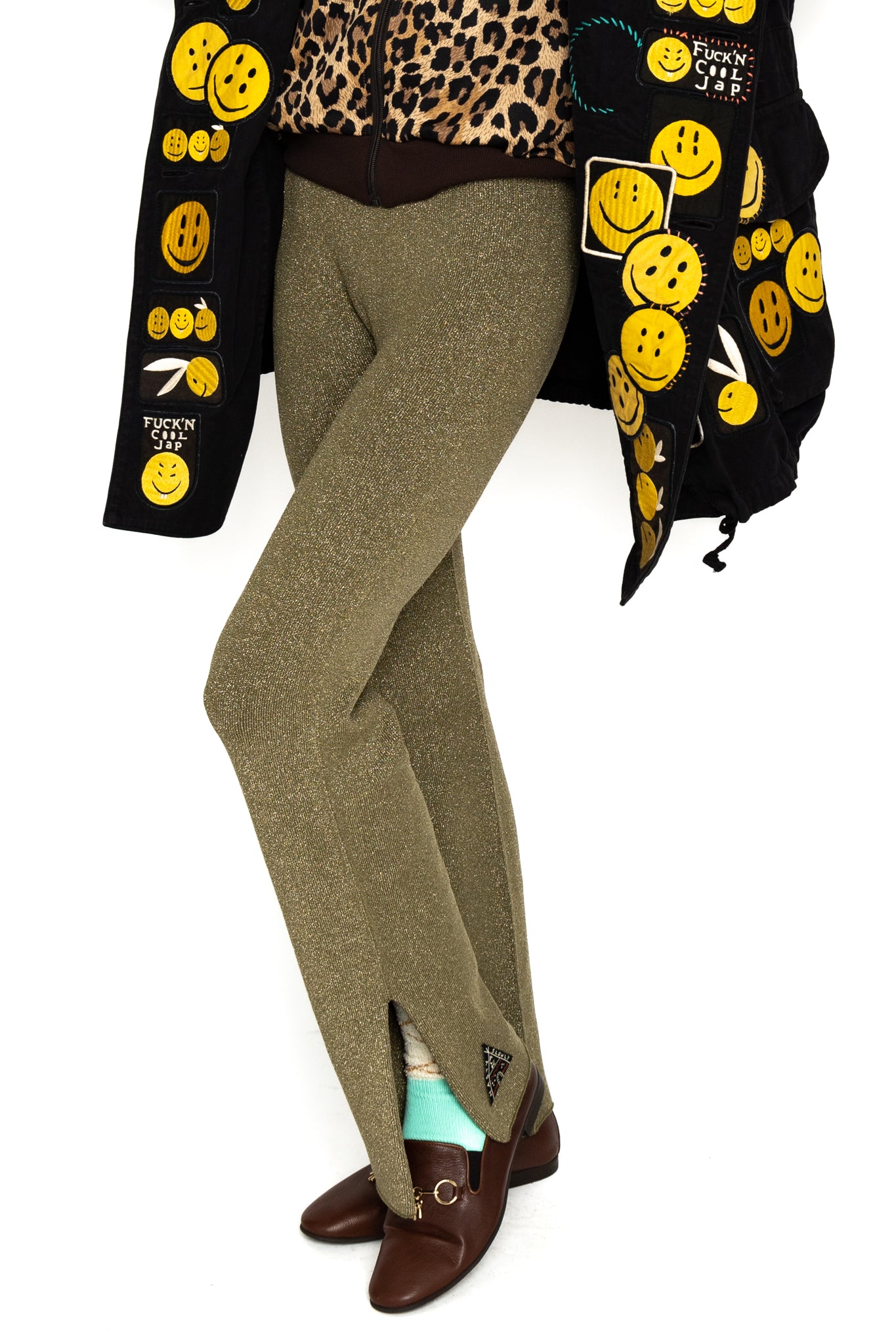 7G Lame Knit Slit Flare Leggings - Khaki
