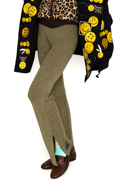 7G Lame Knit Slit Flare Leggings - Khaki