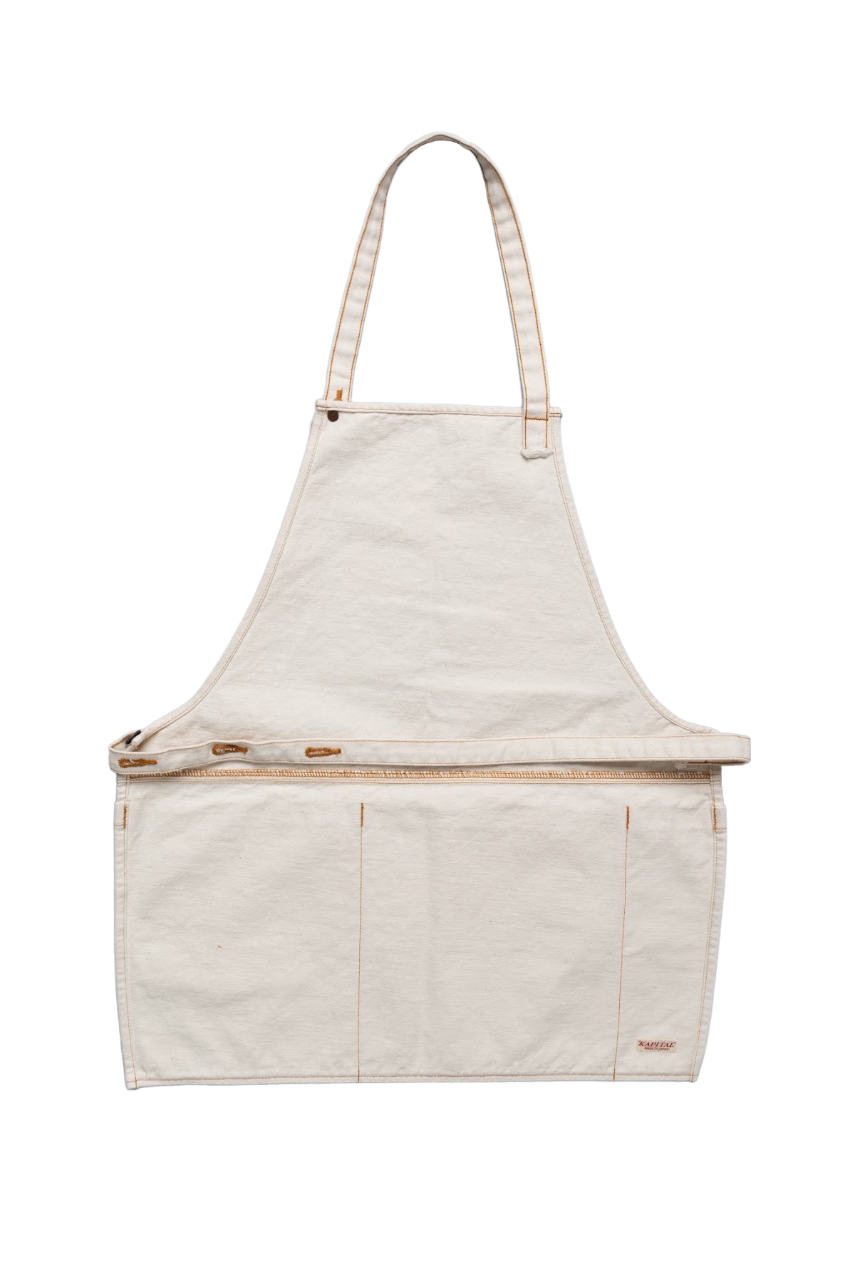 Kapital 2023 Spring Summer advertising apron with a vintage-like logo 3 pockets with different sizes. Featured on the apron is yellow Novelty typography. 13oz distressed denim. Color: Ecru 100% Cotton Made in Japan. 
