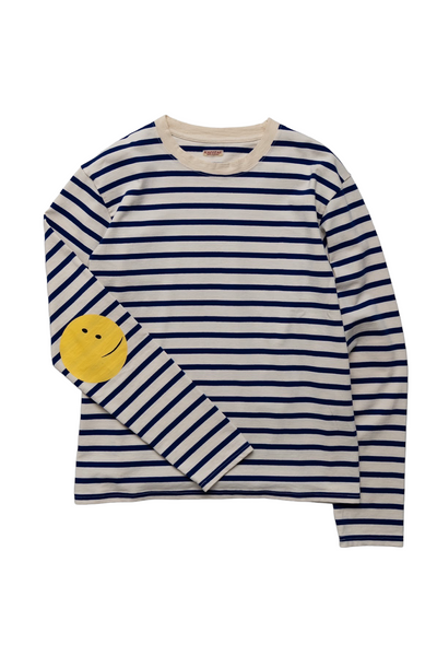Stripe Jersey Crew Long Sleeve T (RAINBOWY Patch) - Ecru x Blue