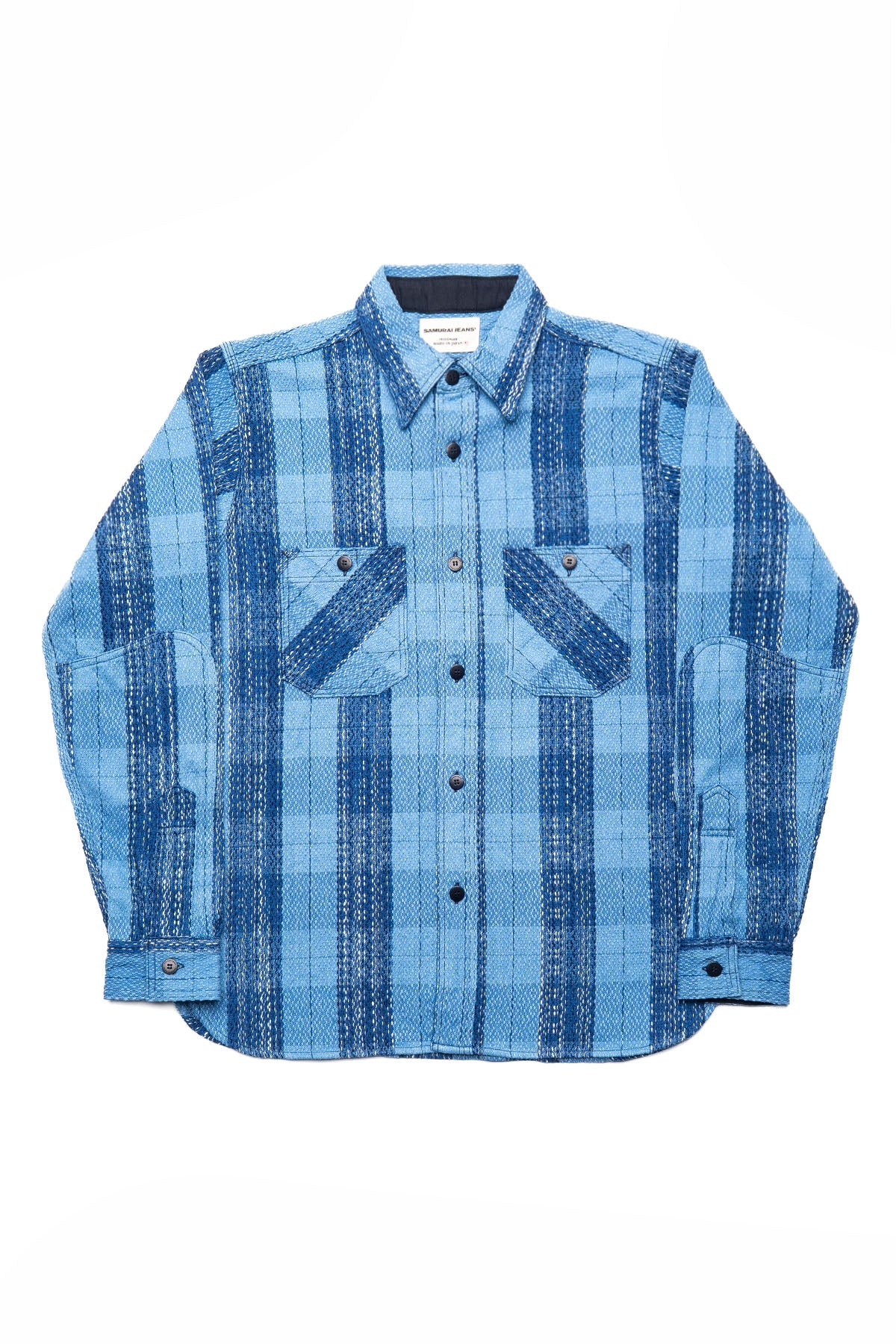 Rain-Drop Sashiko x "Kasuri" Flannel Work Shirt - Natural Indigo