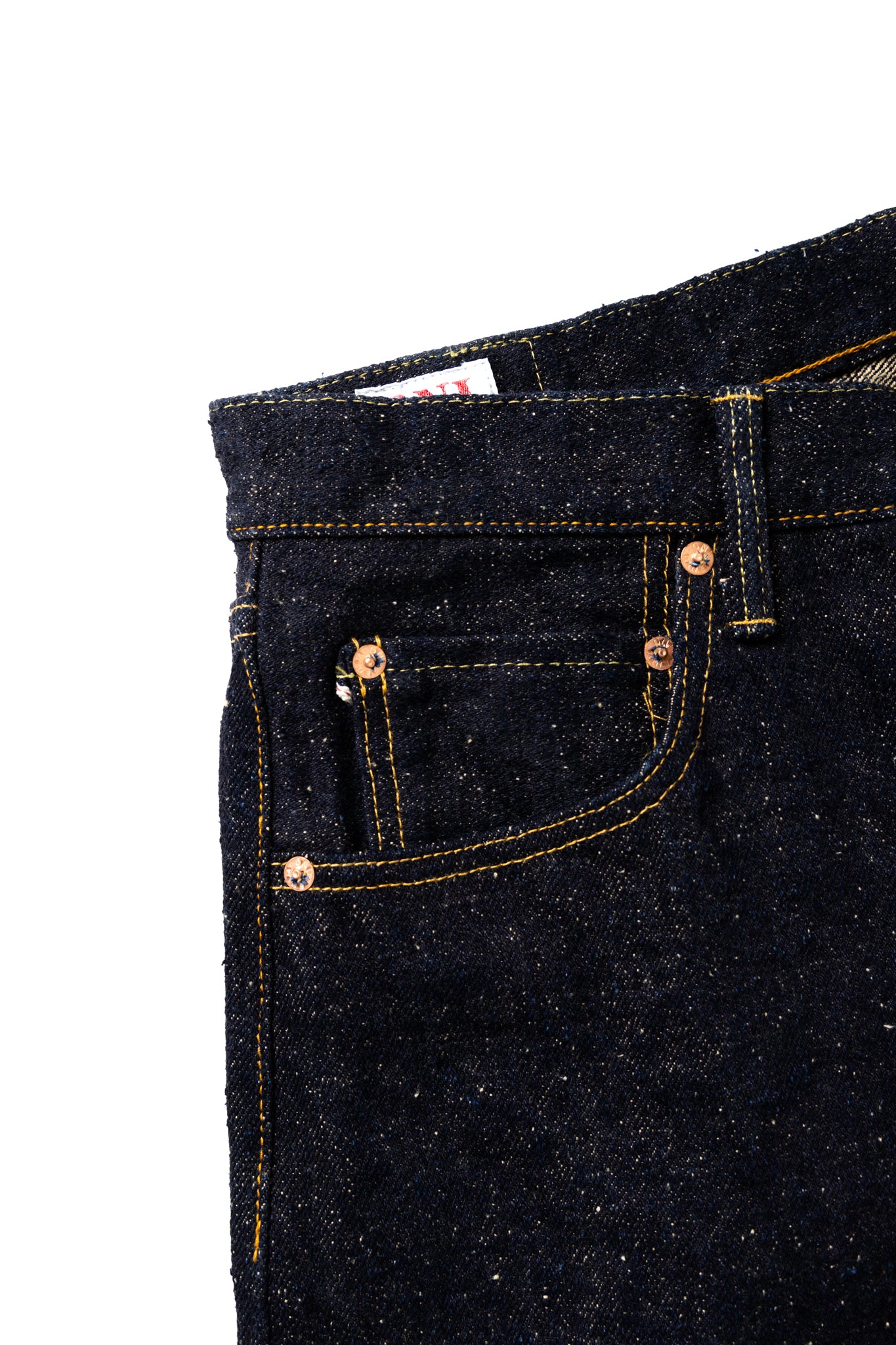 Oni Denim, legends of denim, new heavyweight selvedge- the Asphalt. Extreme slubbiness and neppy construction, weighing in at 20oz in a Relax Tapered fit. A dark indigo denim that is rugged and woven with low tension, using specially twisted thick yarns. Oni Original Japanese Selvedge denim featuring a cow leather patch. One Wash. Special edition for Blue in Green featuring plain rear pockets. Made in Japan. Model is 6'3 wearing a size 34. Unisex. 100% Cotton. 