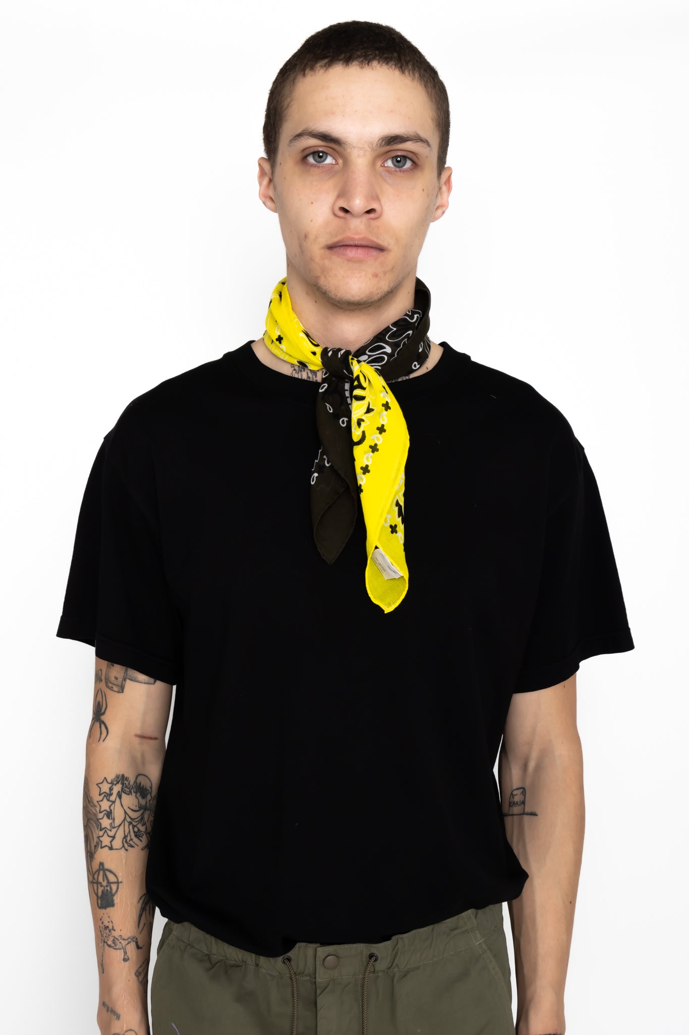 Destin Italian made Bandana. Use as multipurpose scarf or bandana wrap. Color: Yellow x Army Green 2 tone. Extra fine cotton Light and soft touch 100% cotton Made in Italy Size: 23.5" x 23.5". Unisex