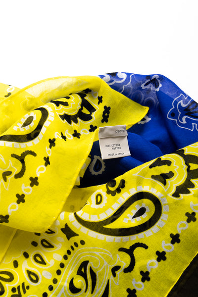 Destin Italian made Bandana Triple Color: Blue x Army x Yellow 3 tone. Use as multipurpose scarf or bandana wrap.Extra fine cotton Light and soft touch 100% cotton. Made in Italy Size: 23.5" x 69". Unisex.