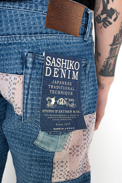 D1855US Sashiko BORO Denim Jeans - Used Indigo