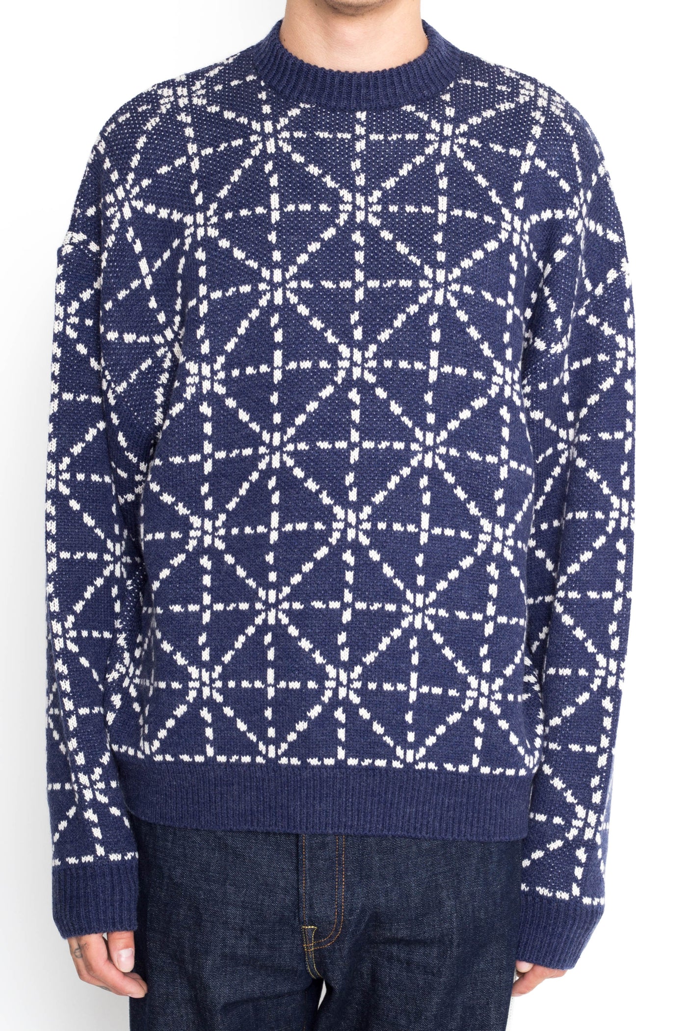 5G Wool DOJO Sashiko Crew Sweater - Navy