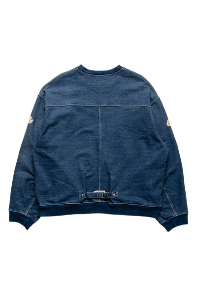 Kapital long sleeve sweatshirt pullover that is an indigo fleece loose fit. Loose fit. Across the front is a large graphic text of the KOUNTRY logo. The back has a T-shaped split back and a cinch back. Color: Indigo 100% Cotton. Made In Japan. Unisex. 