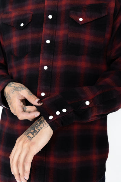 Cotton Rayon Ombre Check Western Shirt - Red